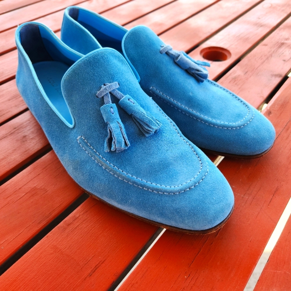 Manolo Blahnik Men's Aquamarine suede Chester loafers